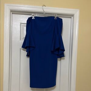 Calvin Klein Blue Off-Shoulder Ruffled Midi Dress